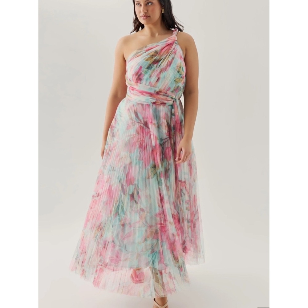 Hutch Philippa One Shoulder Tulle Midi Dress Mint Pink Tropical Sz 14W NWT
